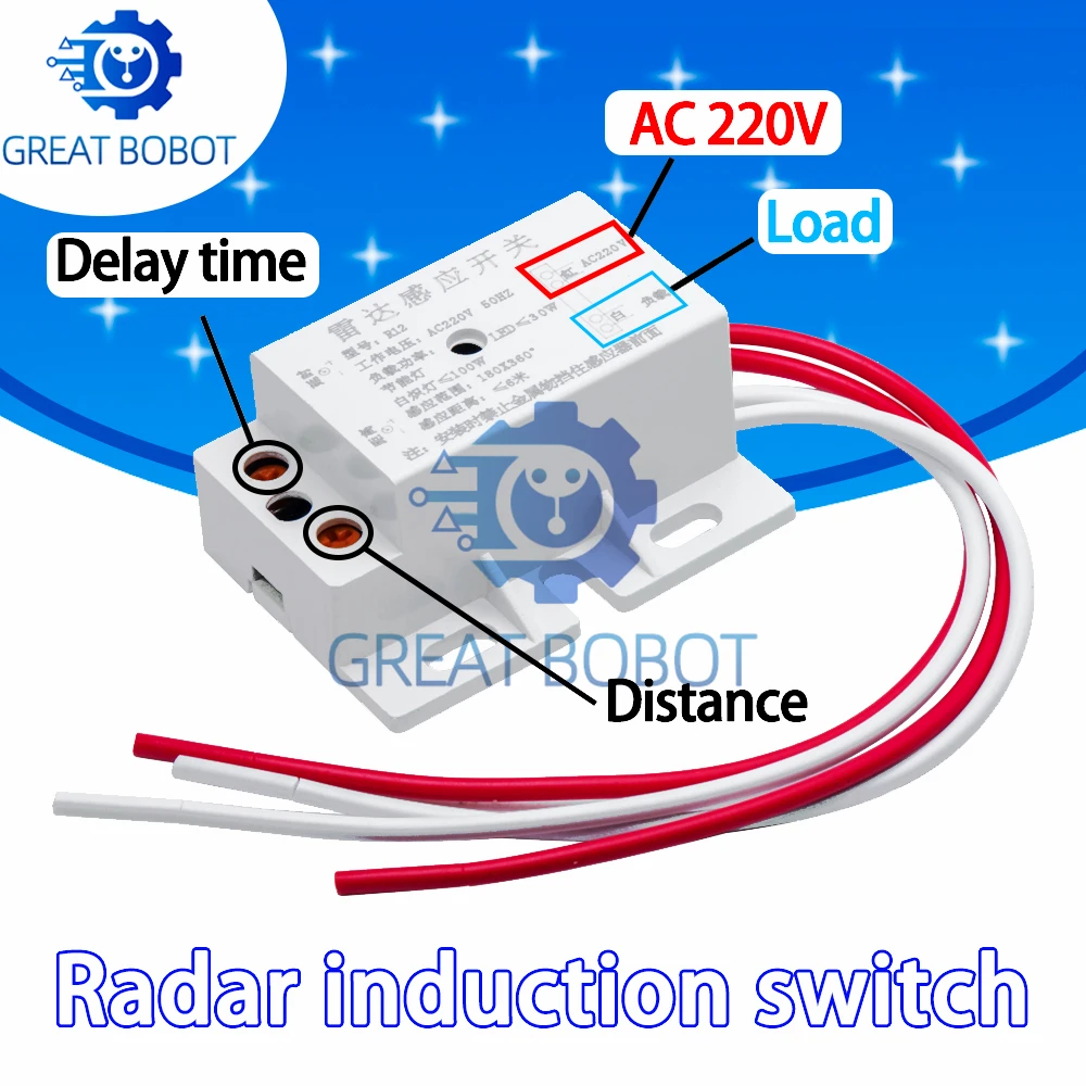 BS-nuevo módulo de Sensor de movimiento corporal de Radar de microondas PIR, interruptor de Sensor infrarrojo automático, ajustable para rango de distancia de tiempo, 220V CA 50Hz