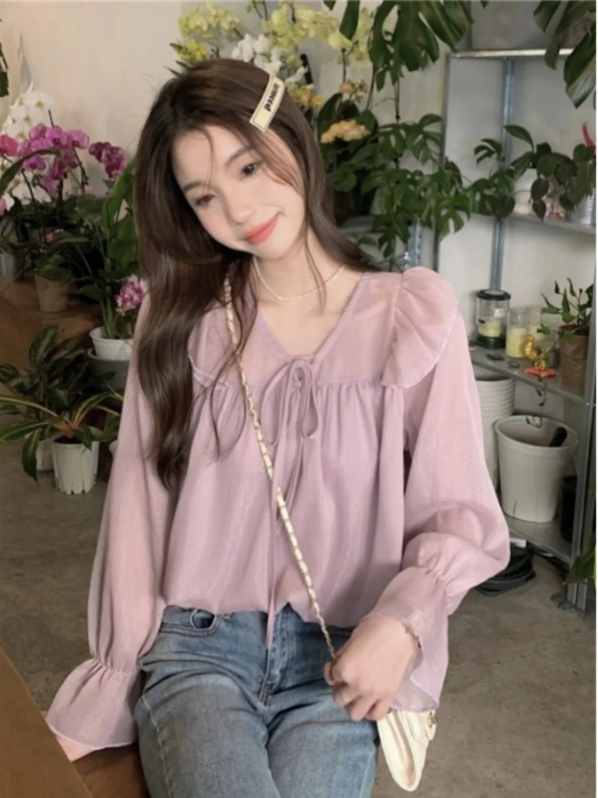 

Корейская женская блузка с длинным рукавом и V-образным вырезом из шифона, весна 2025, новая дизайнерская модель, с кружевной отделкой