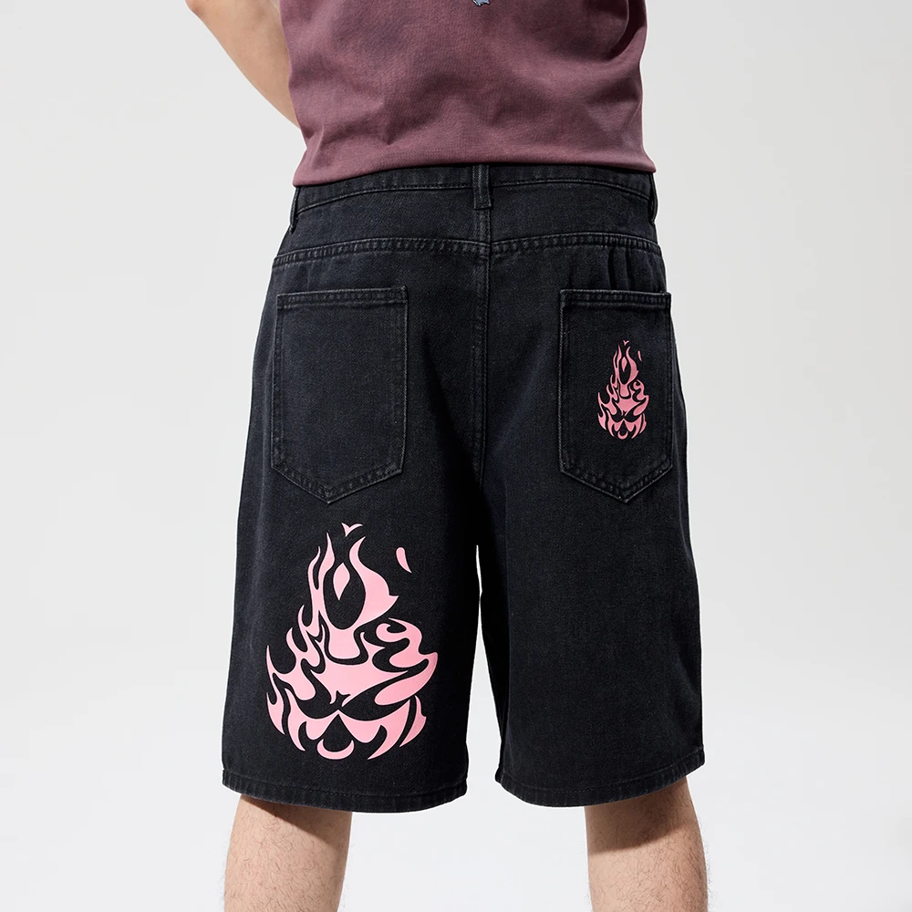 

American Retro Gothic Men Denim Shorts Pattern Loose Unisex Shorts Printing Korean Loose Casual Fashion Couple Shorts