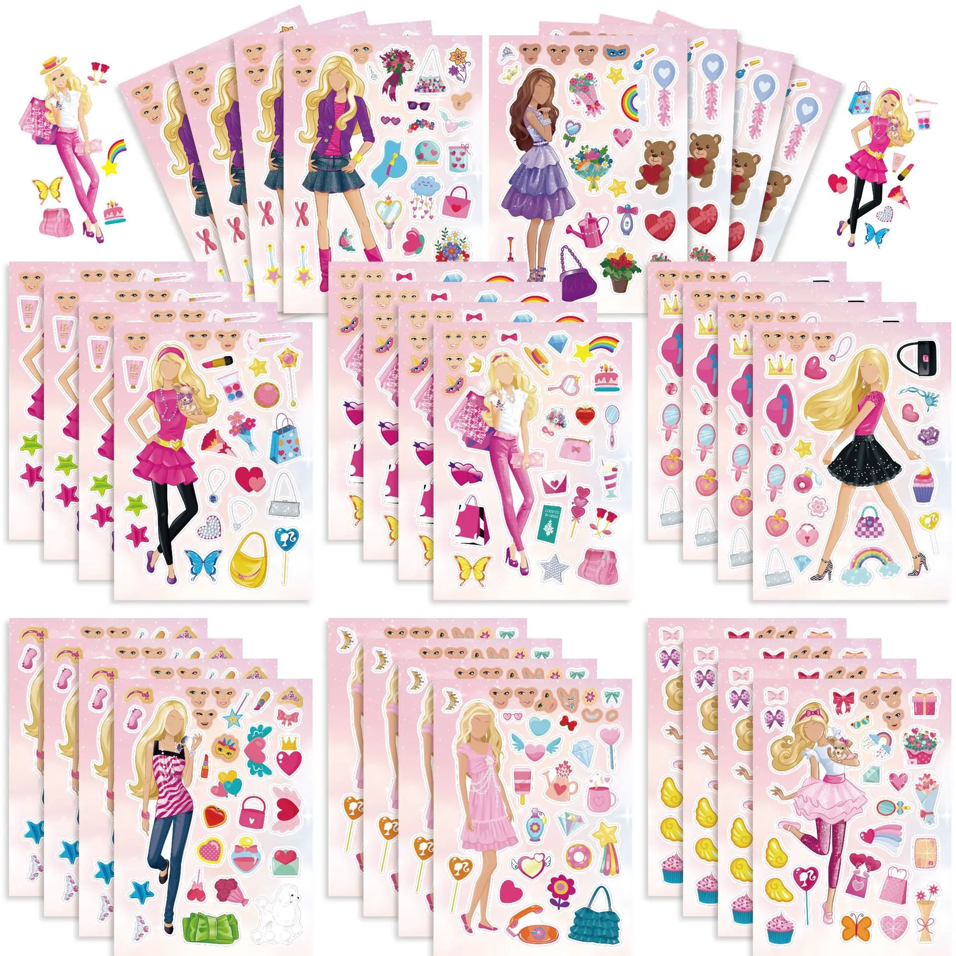 8/16Sheets Cartoon Anime Princess Barbie Make A Face Puzzle Stickers Kids Make Your Own DIY Game Children Jigsaw Education Toys