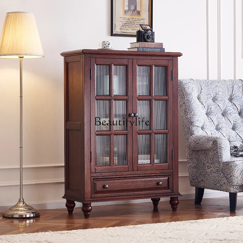 

*American solid wood double-door wine cabinet, retro integrated red oak storage locker against the wall