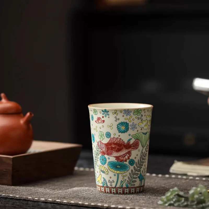Large Capacity Tea Cup Retro Fish Algae Pattern Kung Fu Tea Set Gift for Tea Lovers