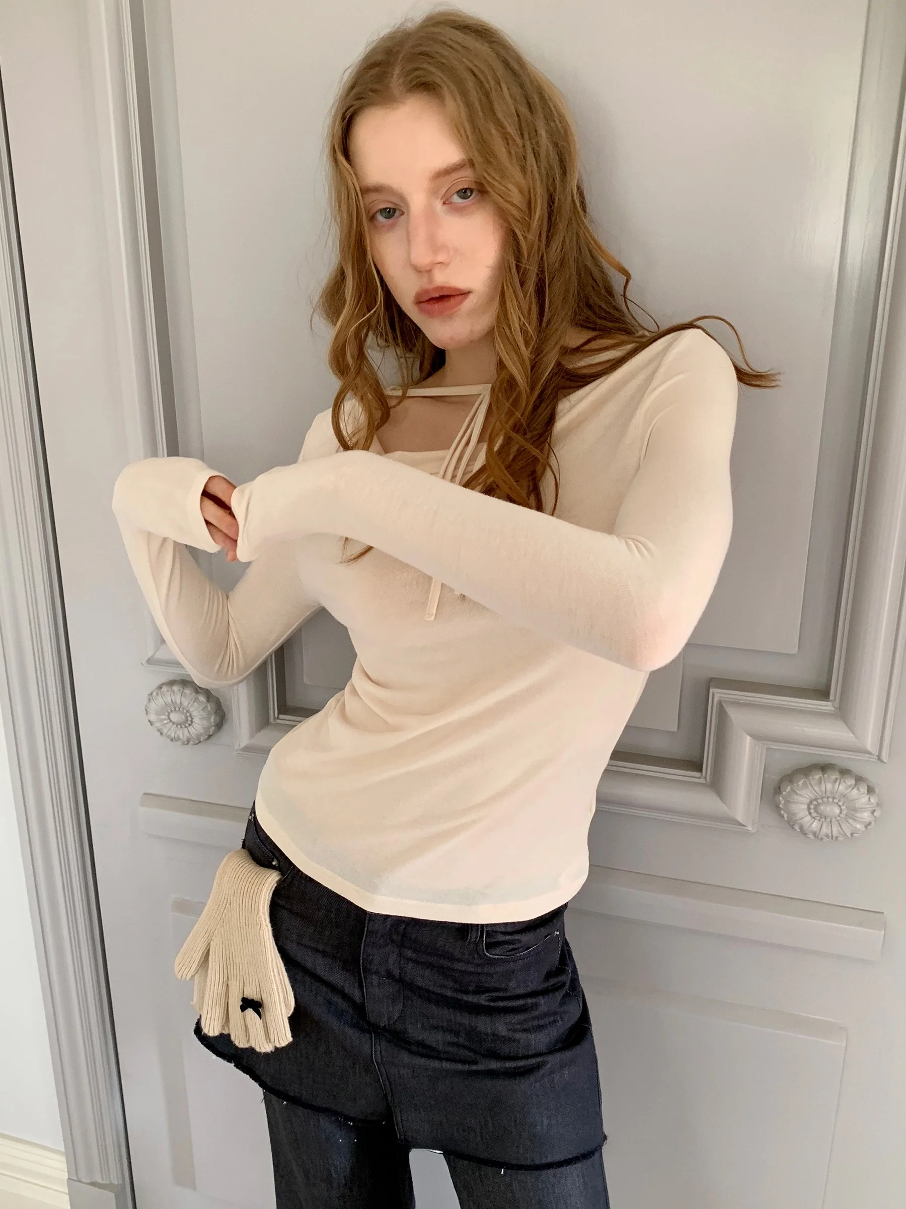 

Женская футболка JDE с длинным рукавом, весенняя, базовый слой, облегающая, с узлом на плече, повседневный стиль, модный дизайн