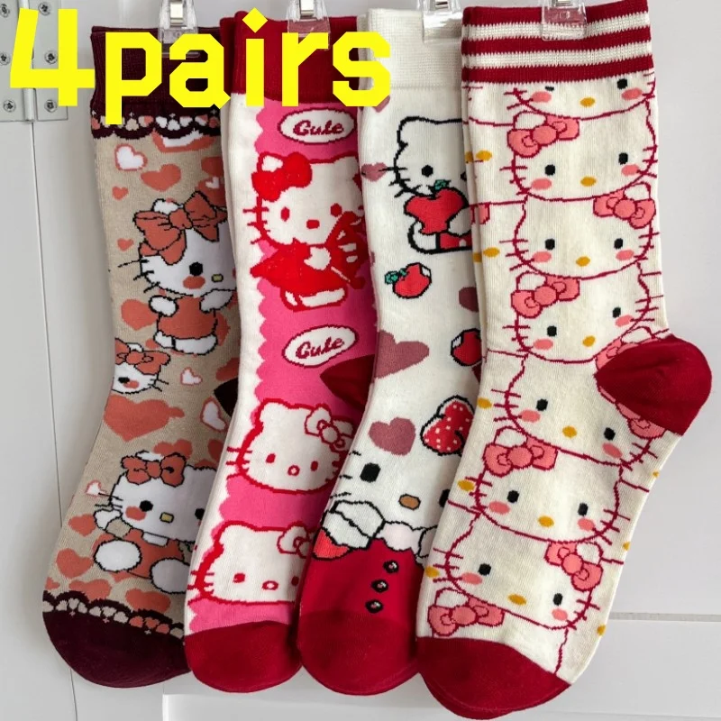 4 أزواج من جوارب HelloKitty المضادة للانزلاق، جوارب بيلاتيس للياقة البدنية والمشي لمسافات طويلة، جوارب للدراجة، جوارب نسائية، جوارب يوجا للرقص