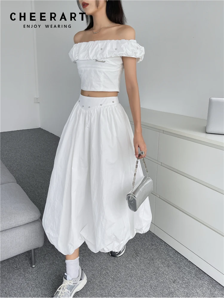 

CHEERART Rivet Pearl Crop Top And Skirt Two Piece Set Summer Outfits For Women 2023 White Ruffles High Fashion Designer Clothes