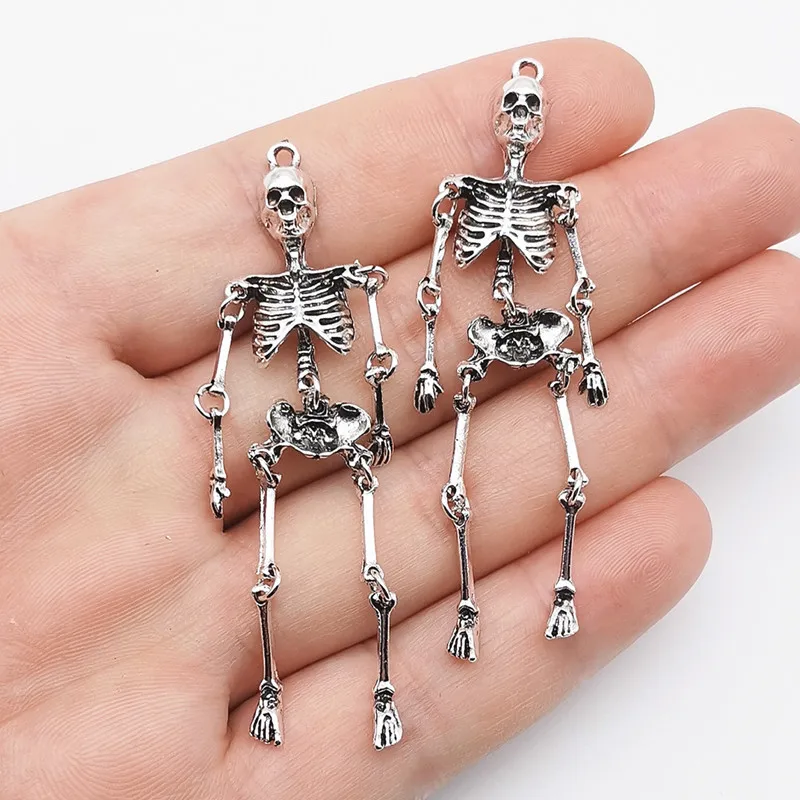 2Pcs 72*16mm Zinc Alloy Silver Color Skull Skeleton Man Charms Pendant Designer Charms Fit Jewelry Making DIY Jewelry Findings