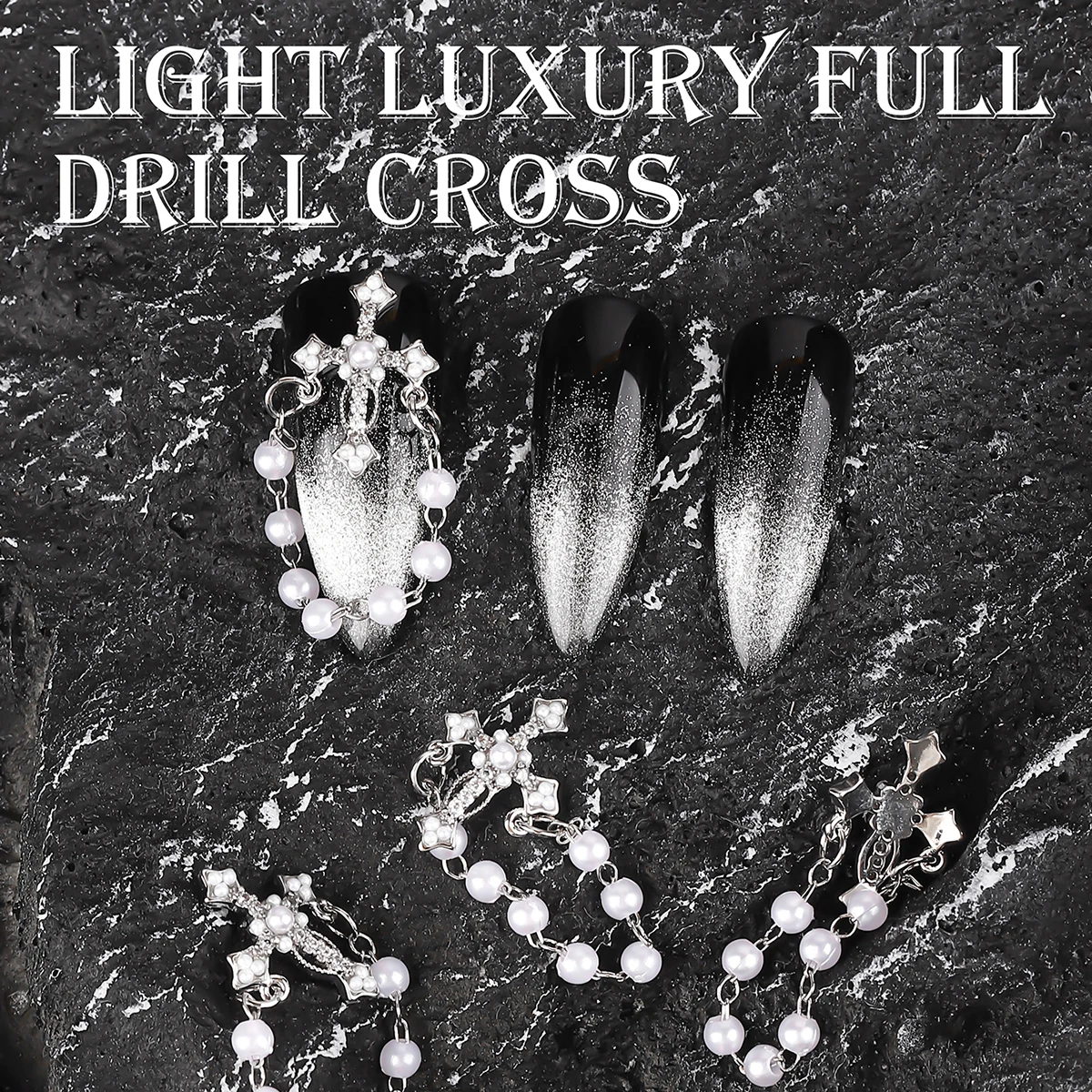 2 pcs Court wind Cross Pearl Pendant Nail patch Light luxury micro set diamond Zircon Pearl nail decoration nail accessories