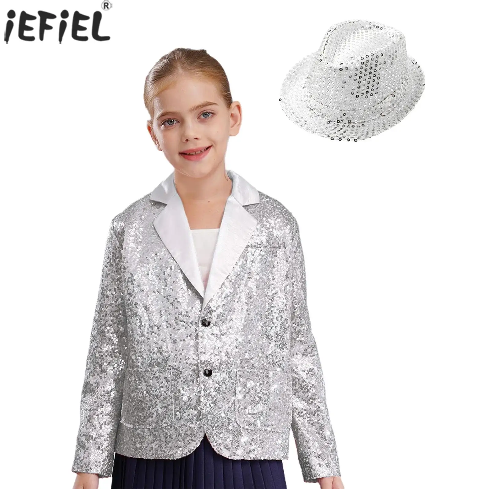 Kids Girls Sparkly Sequins Blazer Jacket Notched Lapel Long Sleeve Coat with Hat for Carnival Party Jazz Dance Stage Performance