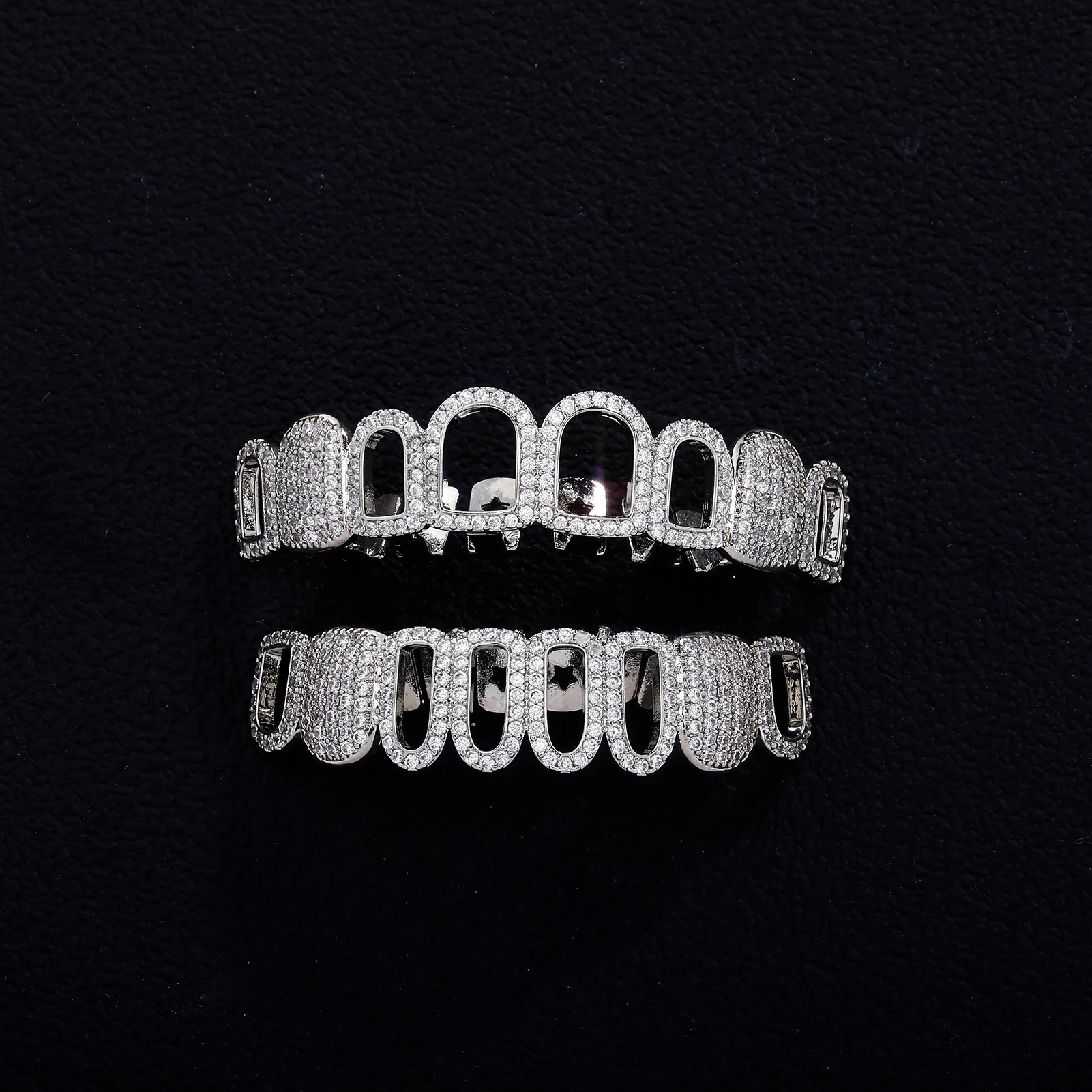 Hip‑Hop 8 Teeth Hollow Zircon Paved Grillz Iced Out Teeth Cap Gold Silver Tone For Cosplay Club Rapper Wear Jewelry