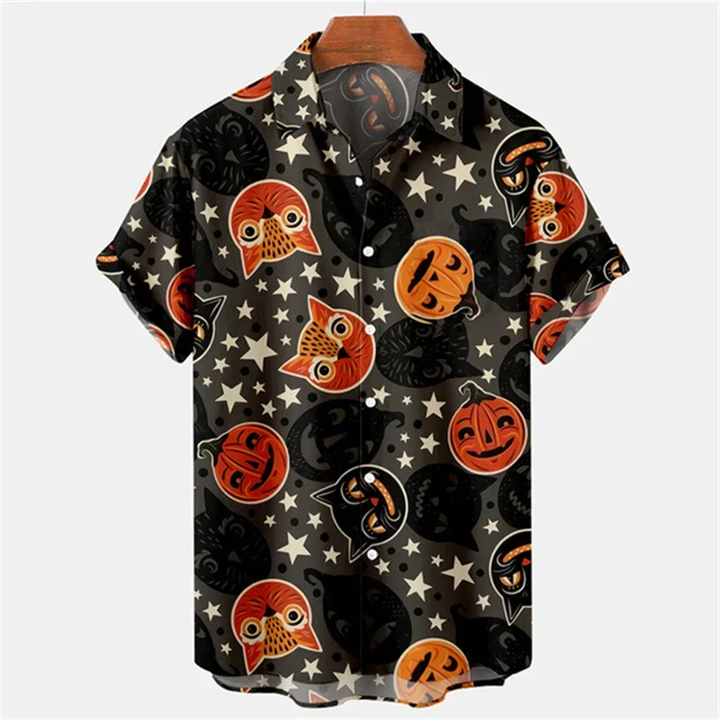 Men 3D Print Halloween Black Cat Pumpkin Pattern Shirt Polyester Fiber Short Sleeve Turn Down Collar Summer Button Up Shirt