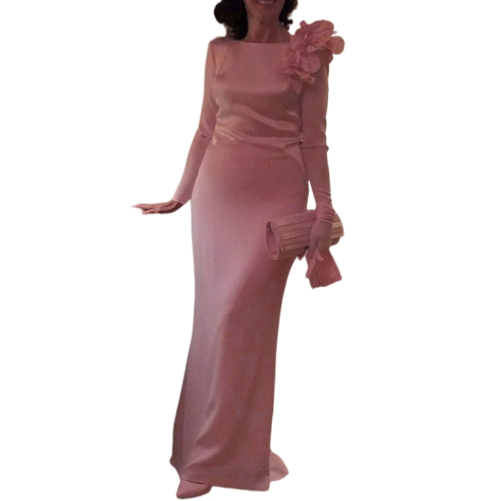 

Long Mother of the Bride Dresses for Weddings Pink Long Sleeves 3D Flowers Godmother Simple Robe Party Gowns Vestido de Madrinha