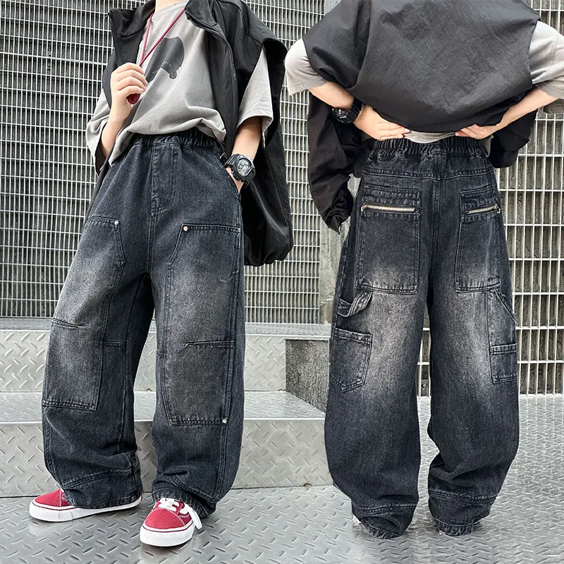 

Весенне-осенние модные джинсы для мальчиков, крутые красивые прямые свободные широкие брюки, модные брендовые повседневные брюки