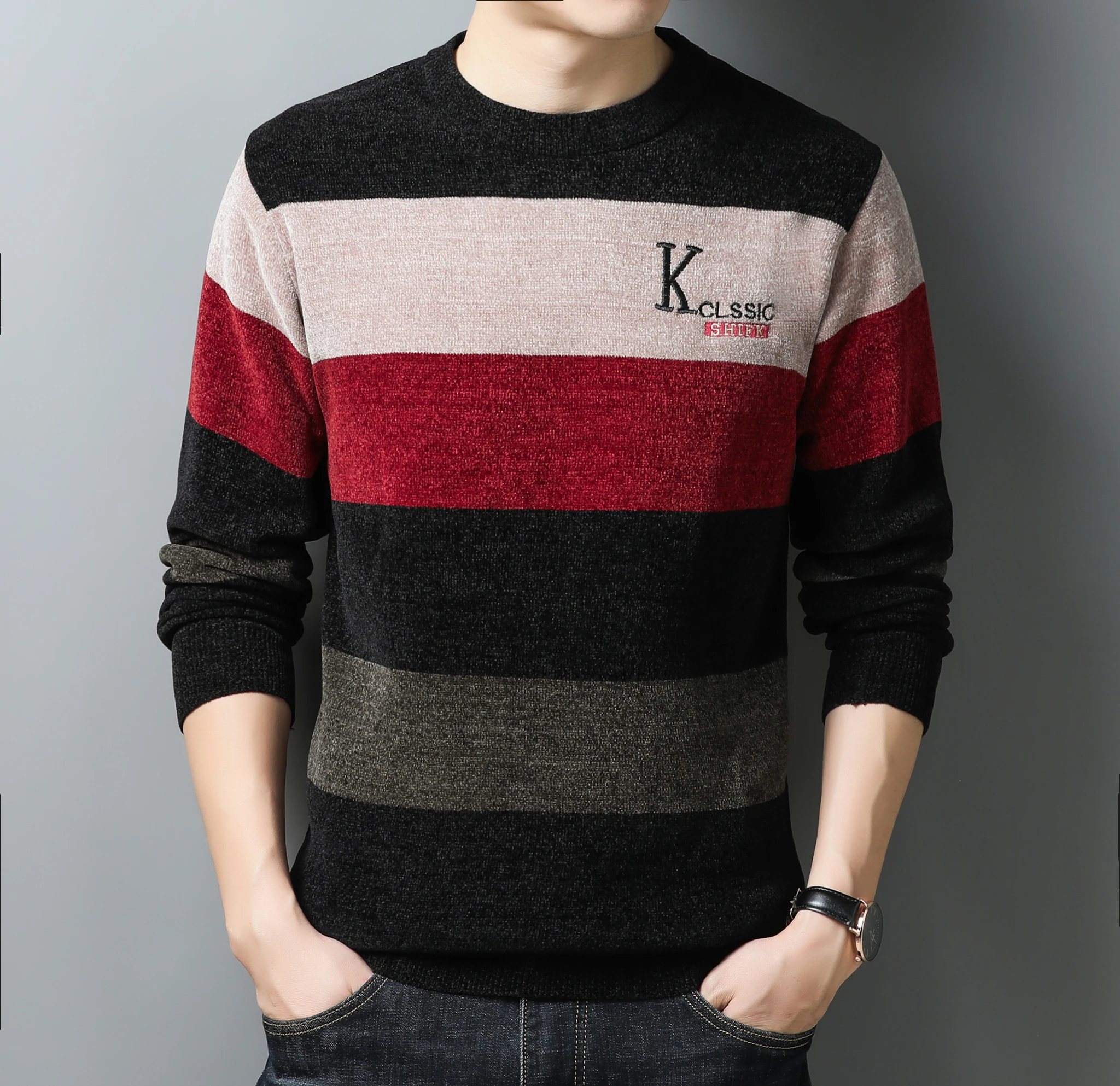 

Мужской свитер, зимний круглый вырез, флис и утолщенный, новый стиль 2025 года, теплое мужское нижнее белье, шерстяной свитер.