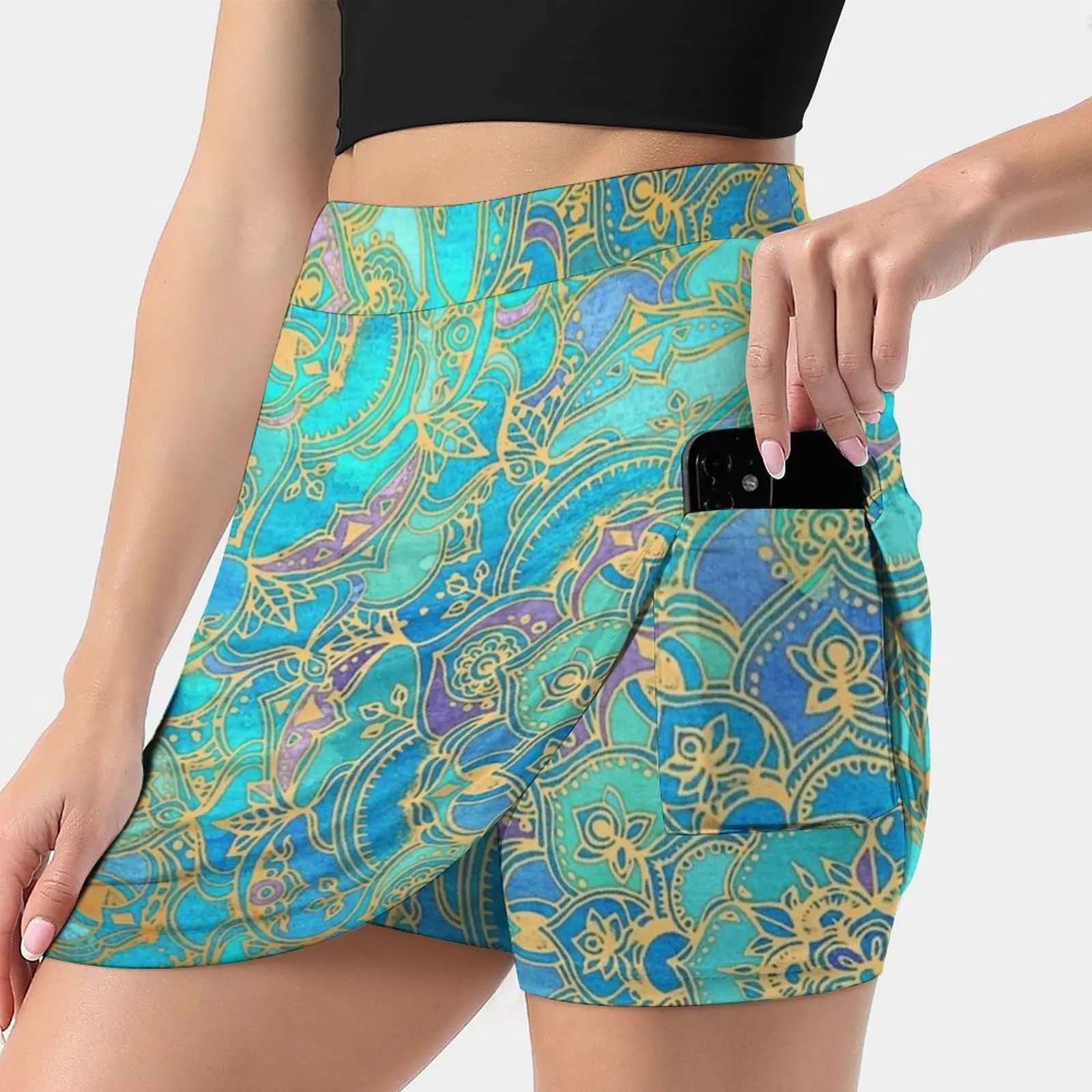 Sapphire & Jade Stained Glass Mandalas Women's skirt Sport Skort Skirt With Pocket Fashion Korean Style Skirt 4Xl Skirts Blue