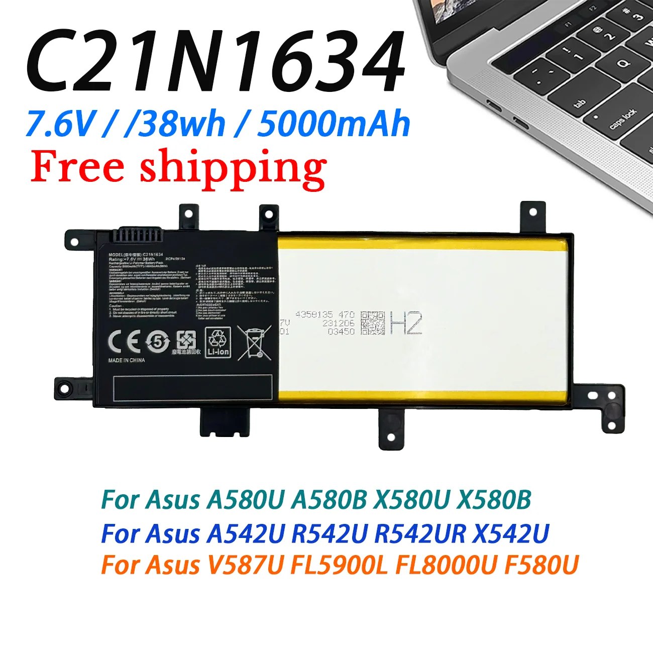 C21N1634  Laptop Battery for Asus A580U A580B X580U X580B A542U R542U R542UR X542U V587U FL5900L FL8000U F580U 38WH