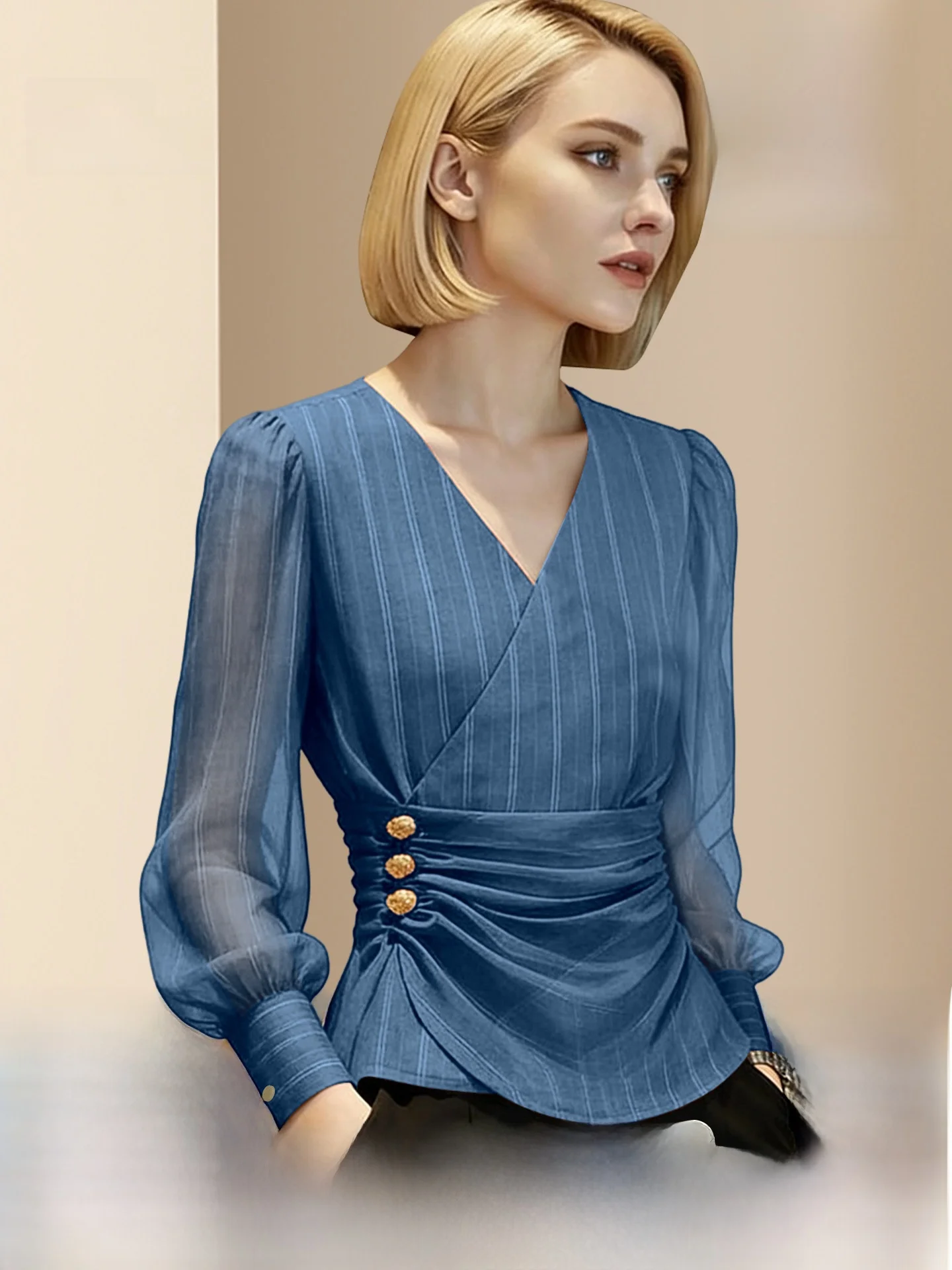 Camisa Estilo Francés Chic de Diffie Rieger para Mujer, Verano 2026, Transpirable, Manga Larga, Cuello en V, Estampada, a Rayas, Asimétrica