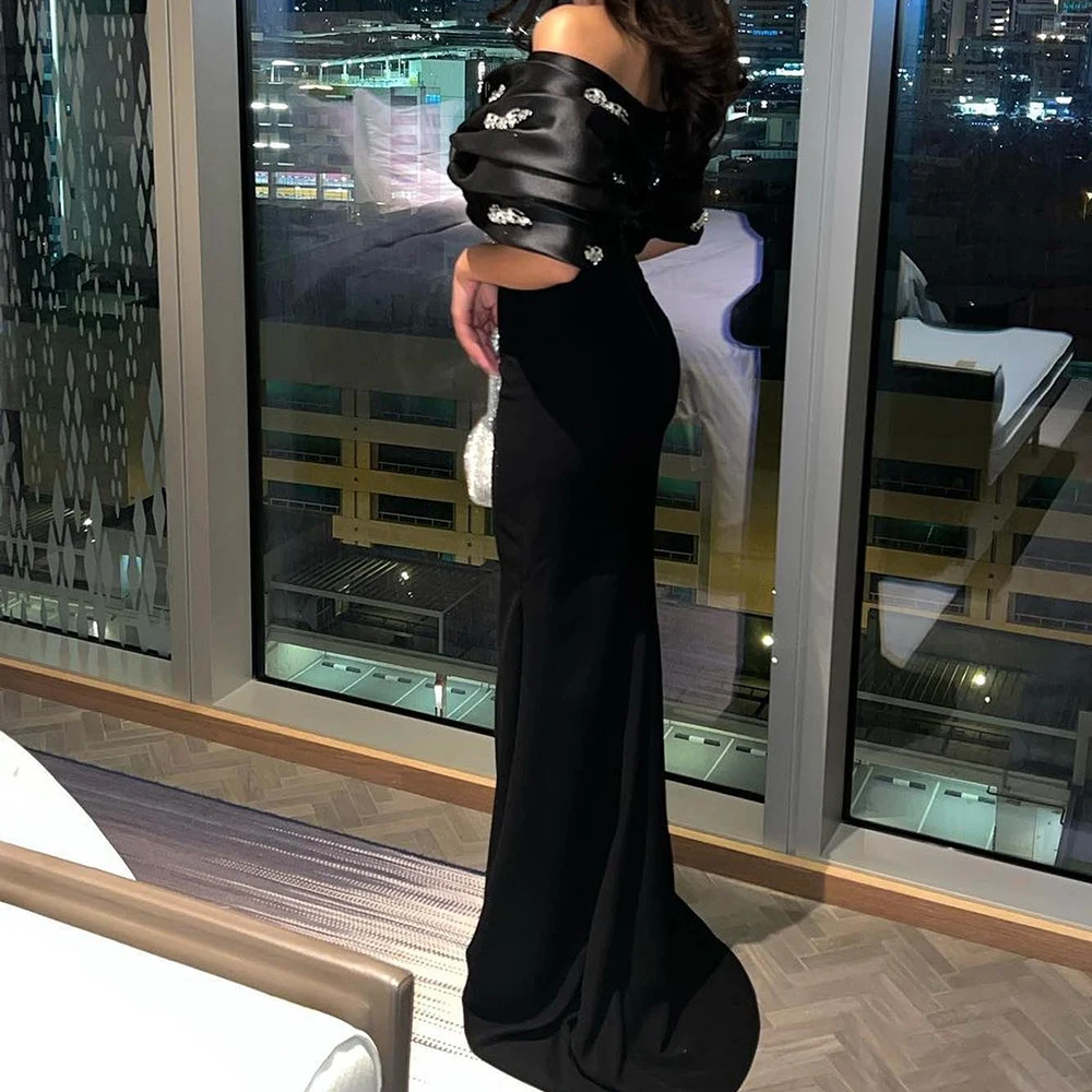 Temperament  Crystal Ruched Boat Neck Floor Length Straight Evening Dress Jersey Off the Shoulder Zipper Back Vestidos de fiesta