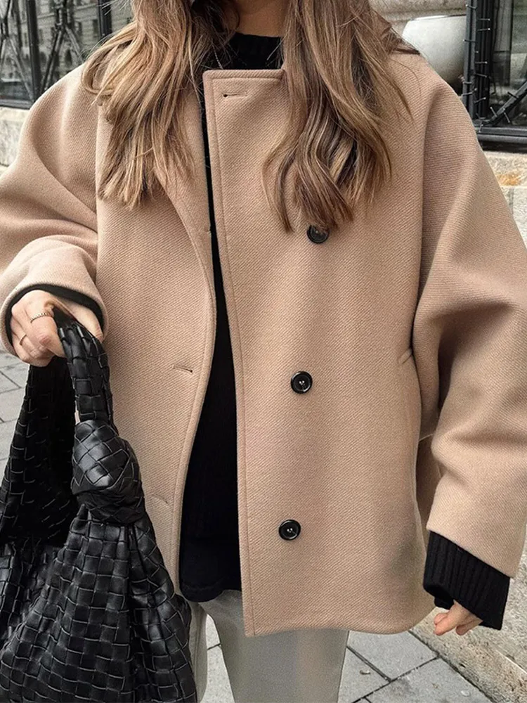 Fashion Solid Lapel Pockets Woolen Coat For Women Casual Commuting Single Breasted Jackets Autumn Ladies High Street Outerwear