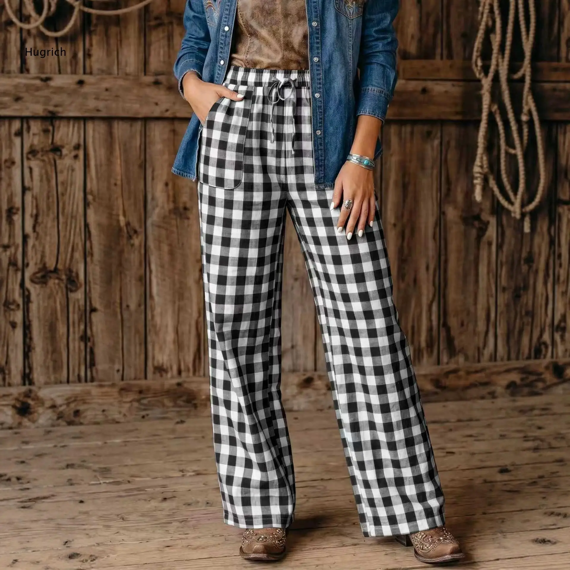 Stylish Blue Plaid Lounge Pants for Women Featuring Elastic Waistband and Side Pockets Soft Fabric Daily Home Wear