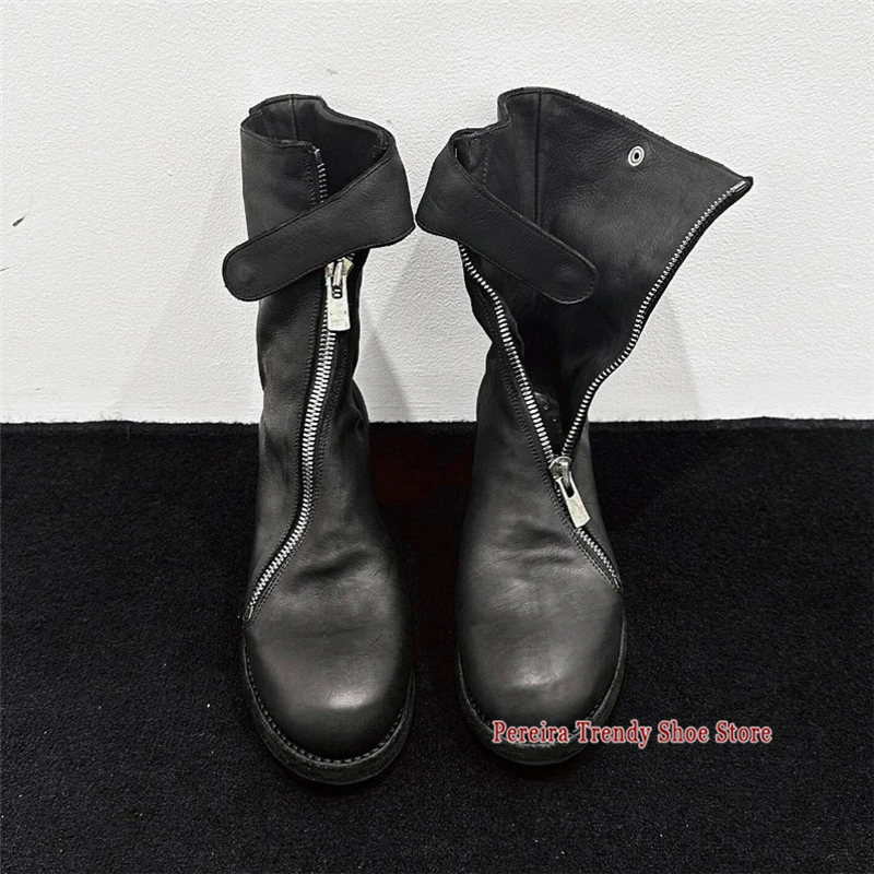 British Style Retro Knight Boots for Men Women Black Leather Round Toe Front Zipper Motorcycle Boots Trendy Couple Casual Shoes