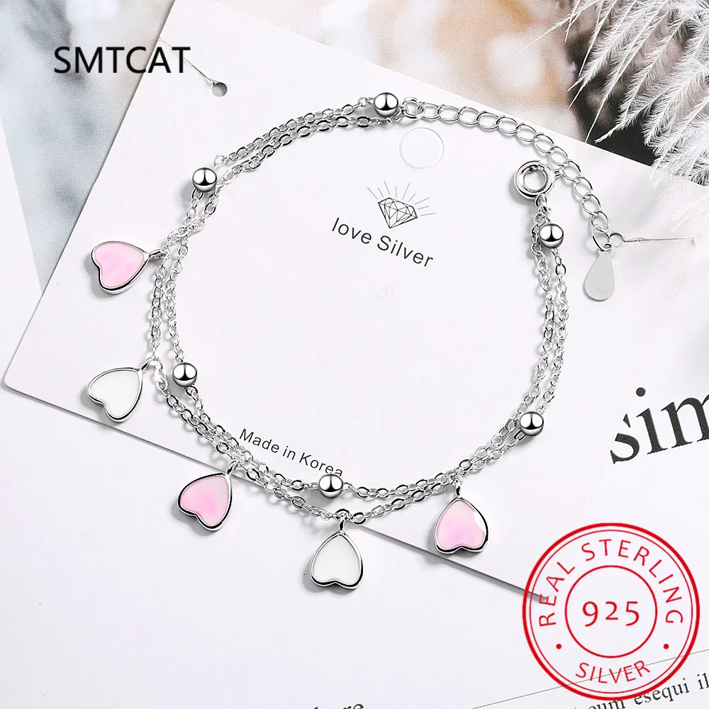 Sweet 925 Sterling Silver Pink Glaze Cherry Blossom Petals Gradient Heart Shaped Double Layer Chain Bracelet Pulseiras De Prata