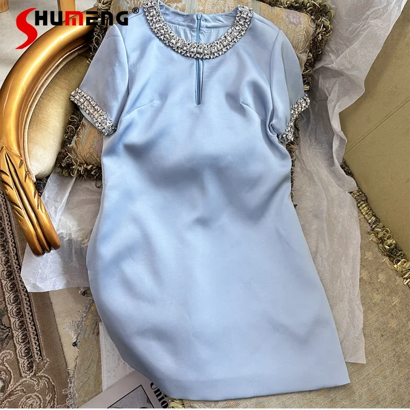 

2024 Early Autumn New Product Heavy Industry Black Short-sleeved Slimming Satin Dress Temperament Nail Diamonds Vestidos Mujer