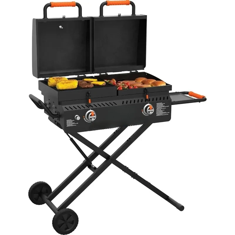 

Portable Heavy Duty Flat Top BBQ Griddle Grill Station – with Swivel Wheels, Foldable, Hood, Side Shelf, Home Kitchen