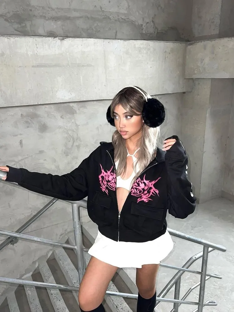 

Style Hoodies Zipper Cardigan Letter Print Hoodies Ladies Pockets Hoodies CasualPrint Women Cardigan Zipper