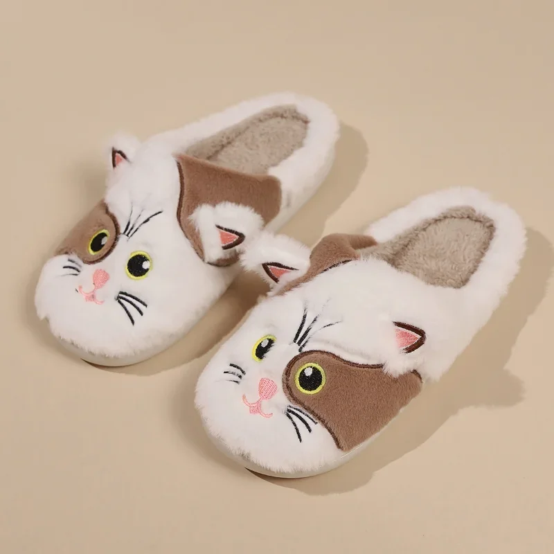 Women Winter Cartoon Cat Warm Plush Slippers Couple New Indoor Non-slip House Men Warm Thick Sole Home Cotton Fluffy Slippers