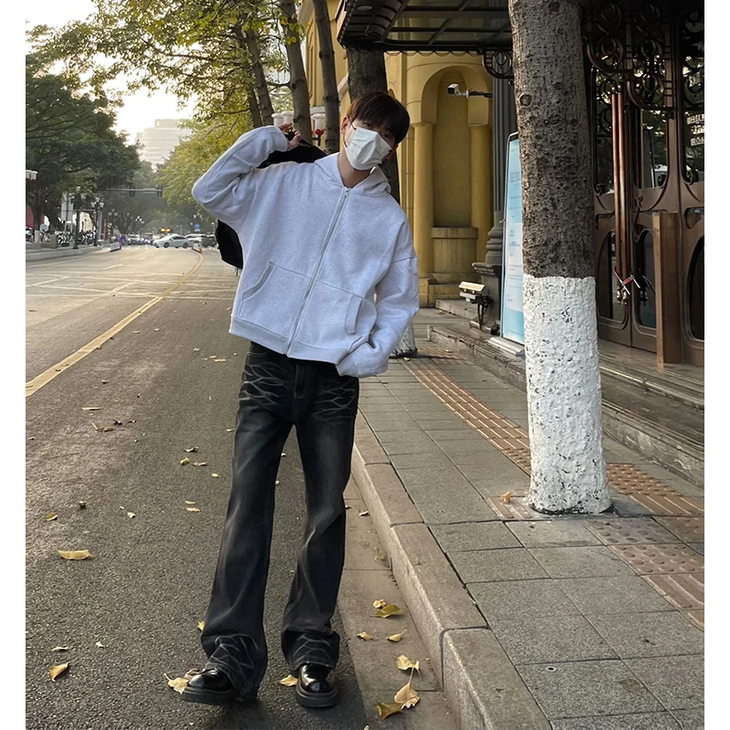 

American Gradient Denim Jeans Men's New 2024 Heavyweight Washed Straight Leg High Waist Micro Flared Pants Trendy Teenage Jeans