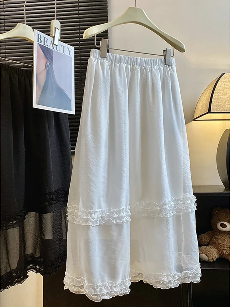 

Y2K White Midi Skirt Vintage Niche Design Long Skirt For Women Solid Color Elegant High Waist A Line Skirts 2025 Summer New