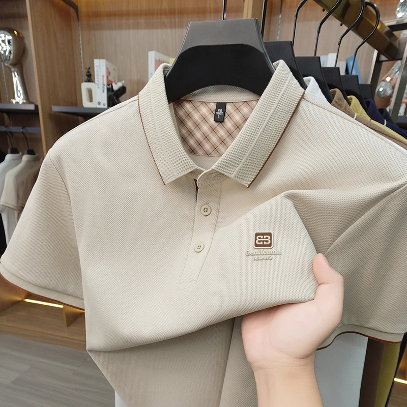High end brand embossed short sleeve men's polo shirt summer new comfort silk cotton breathable fashion business casual T-shirt
