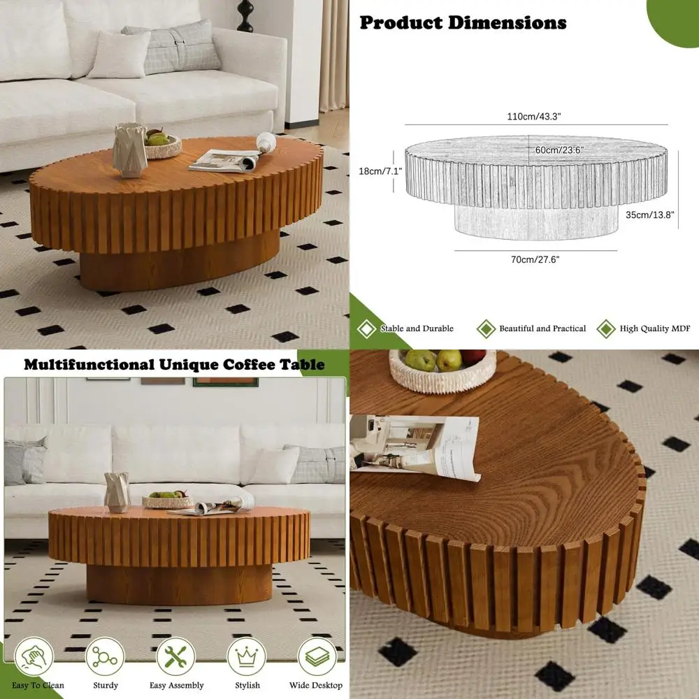 Modern Oval Fluted Coffee Table - Sturdy Pedestal Design, 43.3 Olive-Shaped Wood Drum Table for Living Room