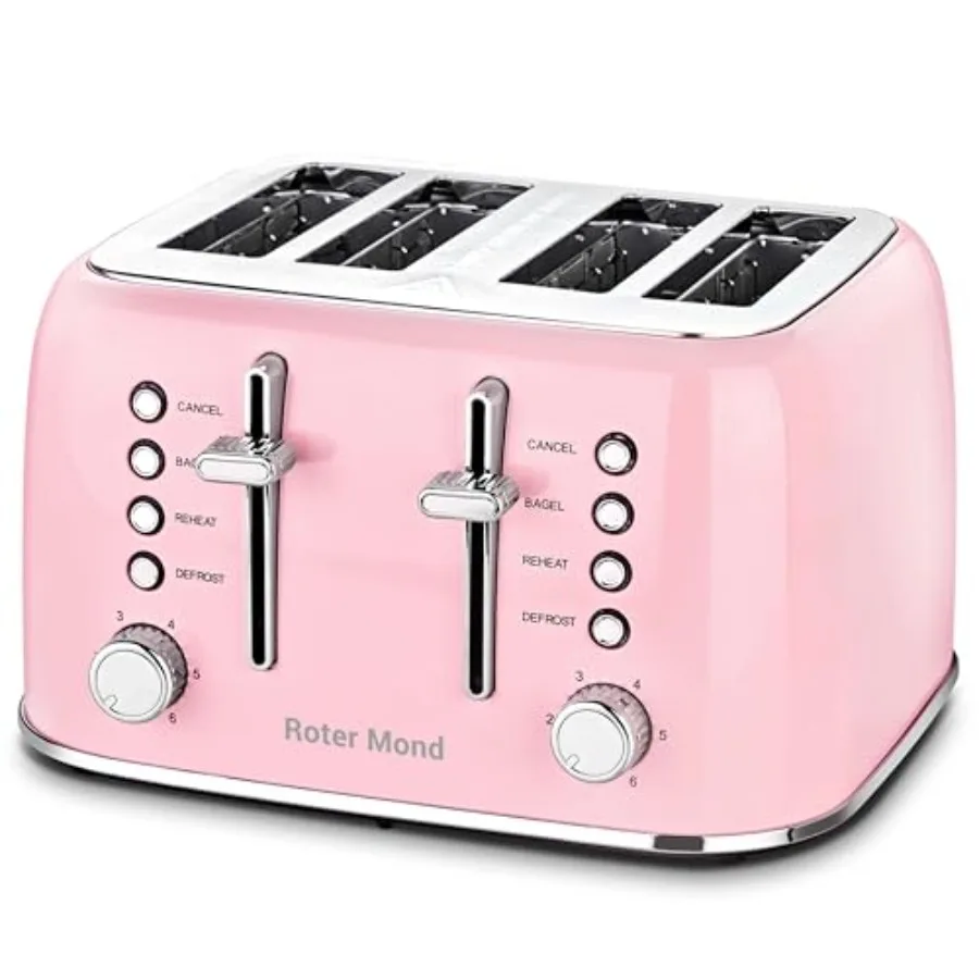 

4-Slice Retro Toaster in Pink Stainless Steel with Extra Wide Slots Bagel Defrost and Reheat Function Dual Independent Control