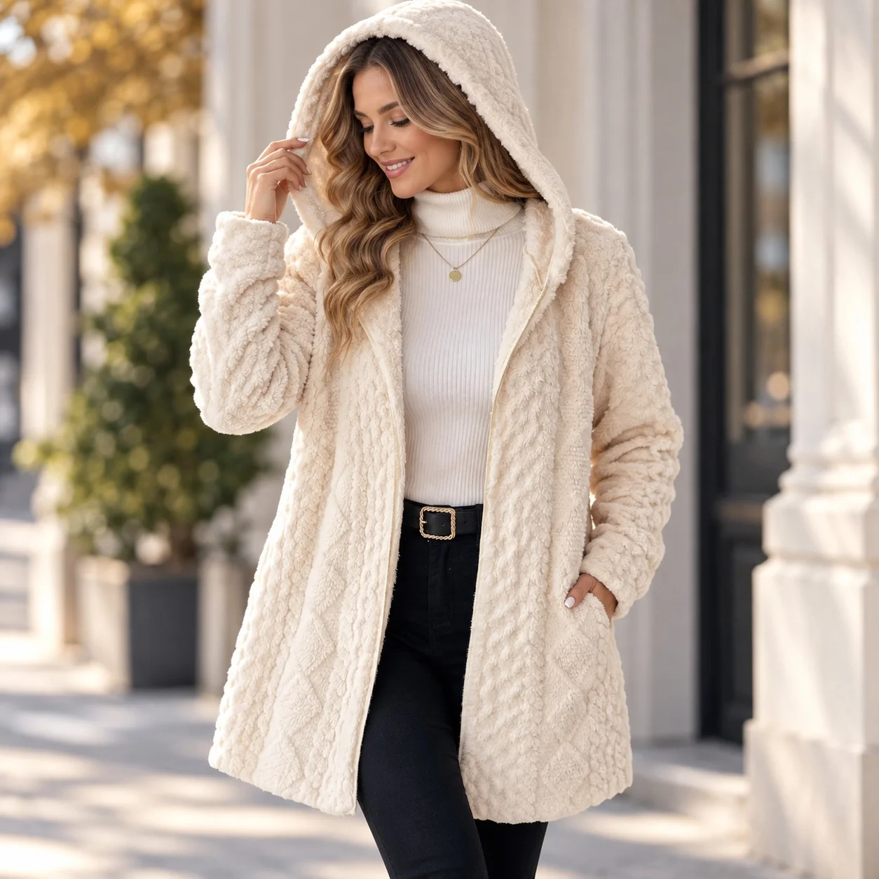 Thick Hooded Coat Mid Long Length Ladylike with Loose Fit Socialite Style Long Sleeve No Button Closure Winter Women Coat
