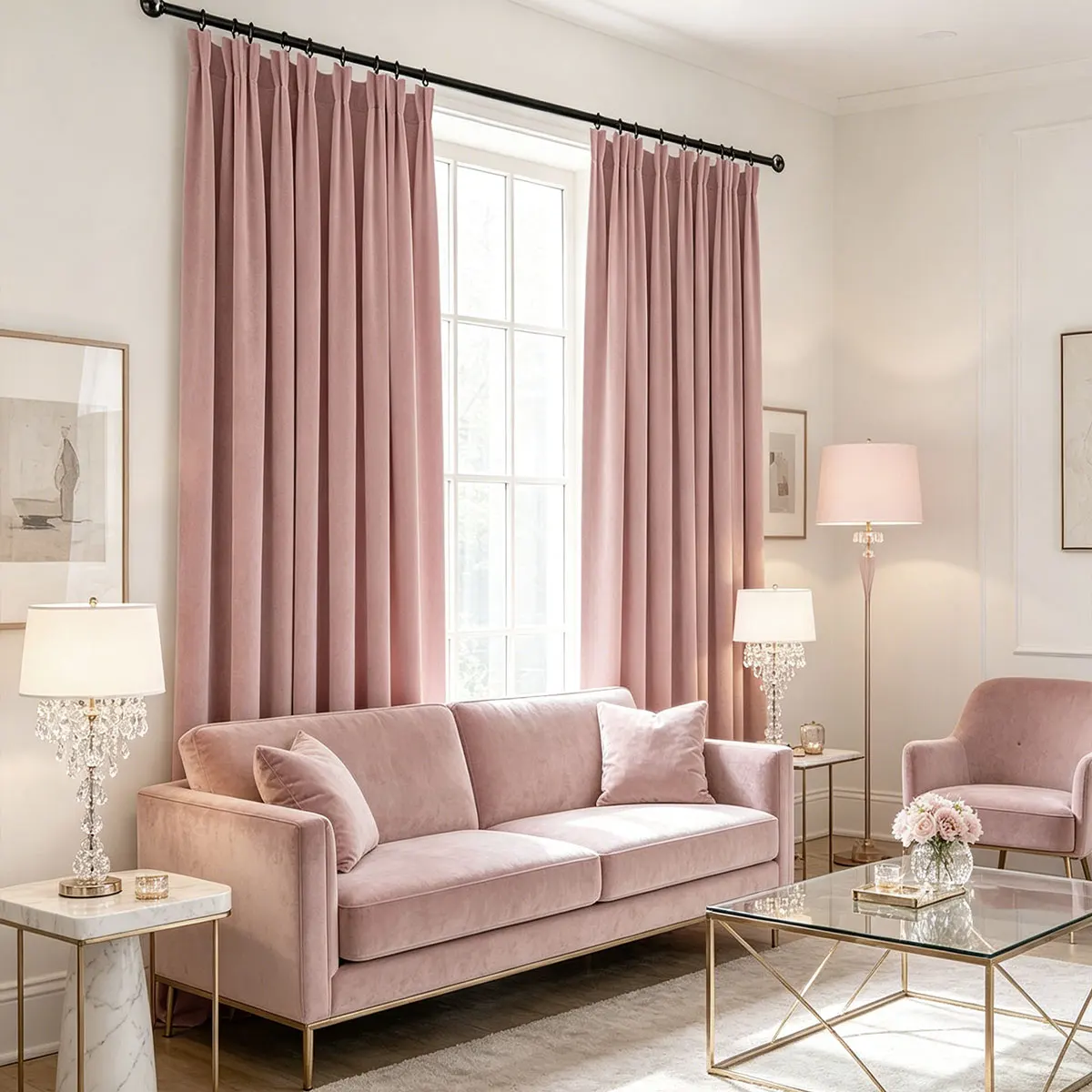 Blush Pink Velvet Blackout Curtains 2‑Pack, Pinch Pleat Hook Top Drapes for Bedroom Living Room Home Decor
