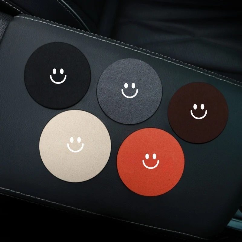 Smiley Face CarPU Leather Car Cup Mat 1 Matching, Universal Round Coaster, Anti-Slip Shock-Absorbing Car Cup Holder Protective P