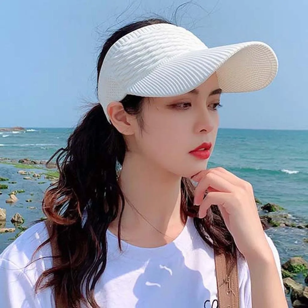 Portable Fish Scale Knitted Visor Cap Breathable Solid Color Long Brim Sun Cap Polyester Versatile Sunscreen Empty Top Hat Sport