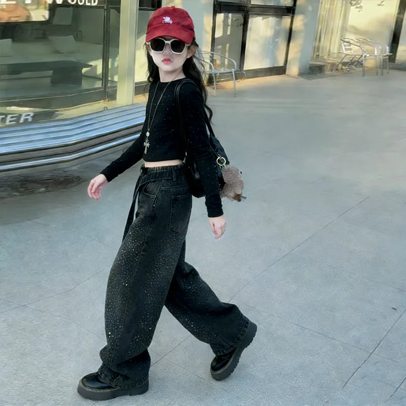 Girls' 2026 Spring New Mid To Large Girls' Jeans Spring and Autumn Fashion and Handsome Shining Kids All-match Pants