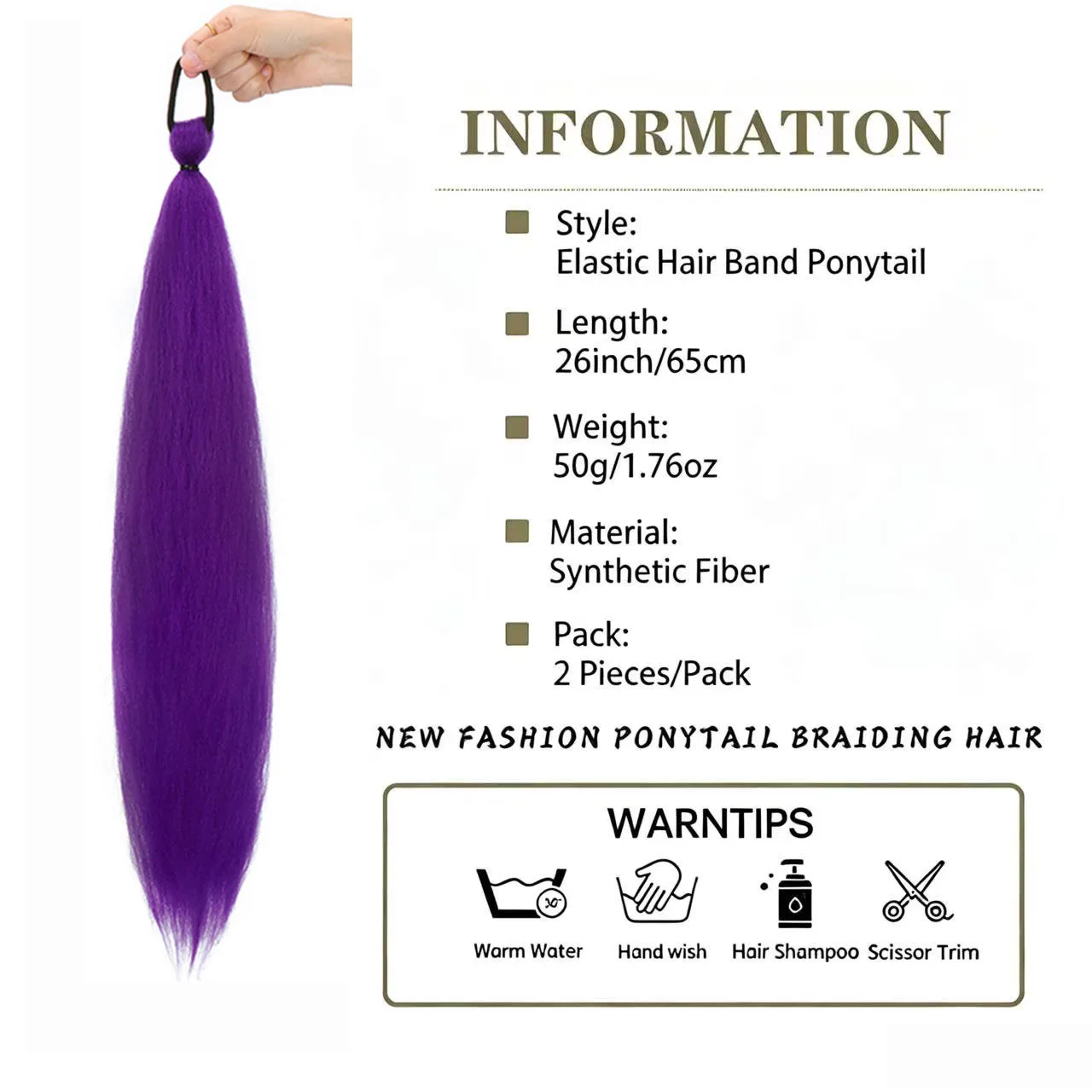 2Pcs 26inch Synthetic Hair Purple Ponytail Extension Rubber Band Long Straight Ponytail Women Hair Accessories