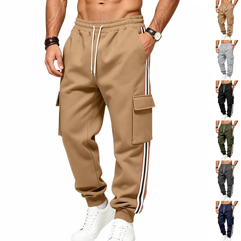 European and American winter heavy velvet warm household sports tooling contrasting color webbing loose casual sweatpants men