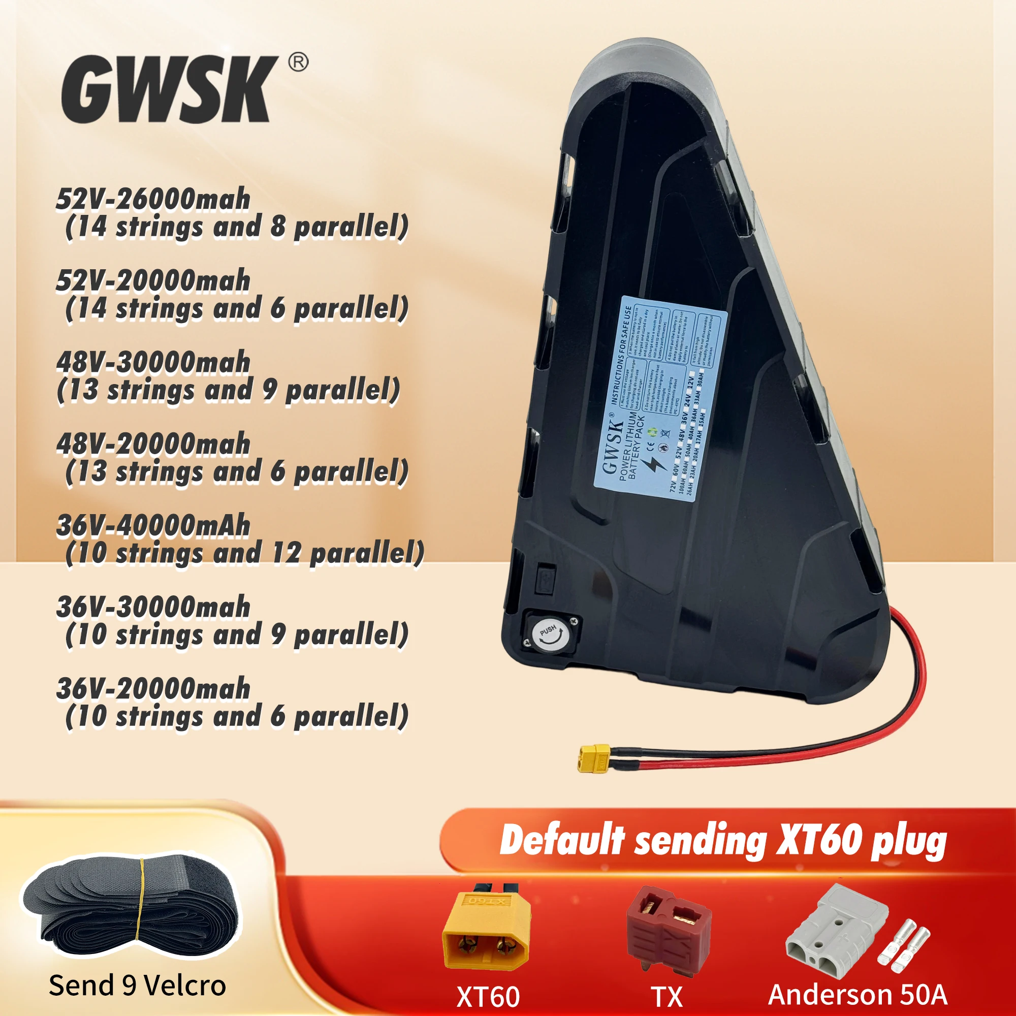 

Air freight, triangle pack 18650 lithium-ion battery 36V/48V/52V, in stock, application 500W-2000W+BMS