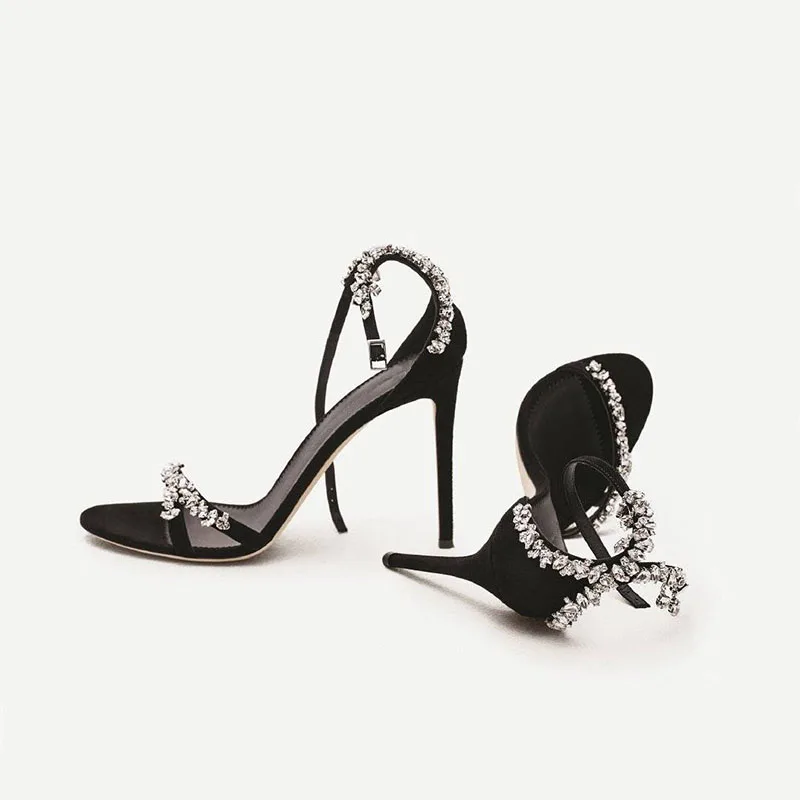 Crystal Diamond Chain High Heels New Versatile Black One Line Open Toe Round Head Slim Heel Sandals