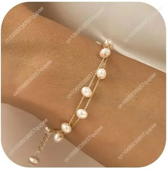 BERISO Gold/Silver Pearl Bracelets for Women,14K Gold Plated Bracelets Dainty Pearls Beaded Chain Heart Pearl Bracelets
