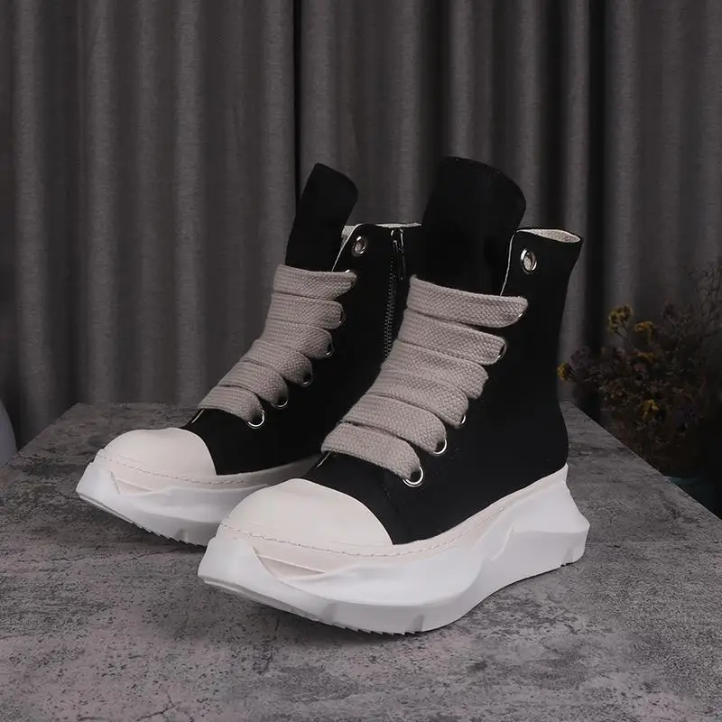 Men Women High-TOP Shoes Casual Canvas Platform Heel Sneakers Luxury Designer Jumbo Lace Up Zip Autumn Black Boots