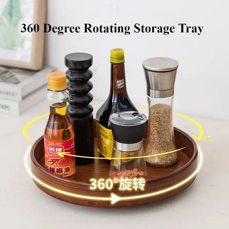360 Rotating Wood Tray Seasoning Storage Rack Pantry Cabinet Turntable Lazy Susan Kitchen Spice Organizer  Accessories