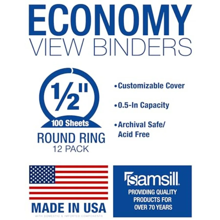 

0.5 Inch 3 Ring Binders Economy Round Ring Clear View Cover 100 Sheet Capacity - for School Home Office - 12 Pack