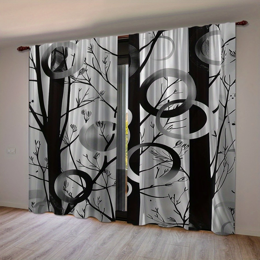 2PCS Digital Printed Curtains, Abstract Black White Tree Branches with Rings, Window Drapes for Living Room Bedroom Home Decor