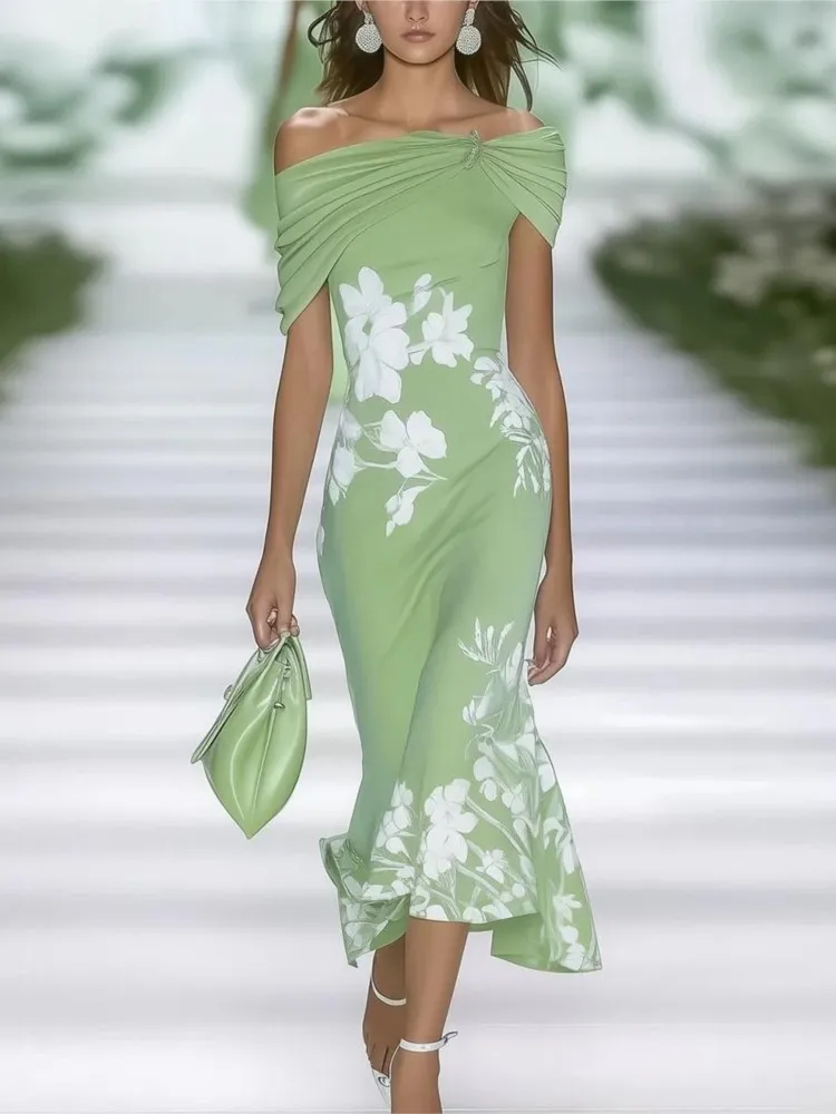 

Elegant One-shoulder Sleeveless Dress For Women Fashion Printing Three-dimensional Design Slim Party Vacation Dresses Female