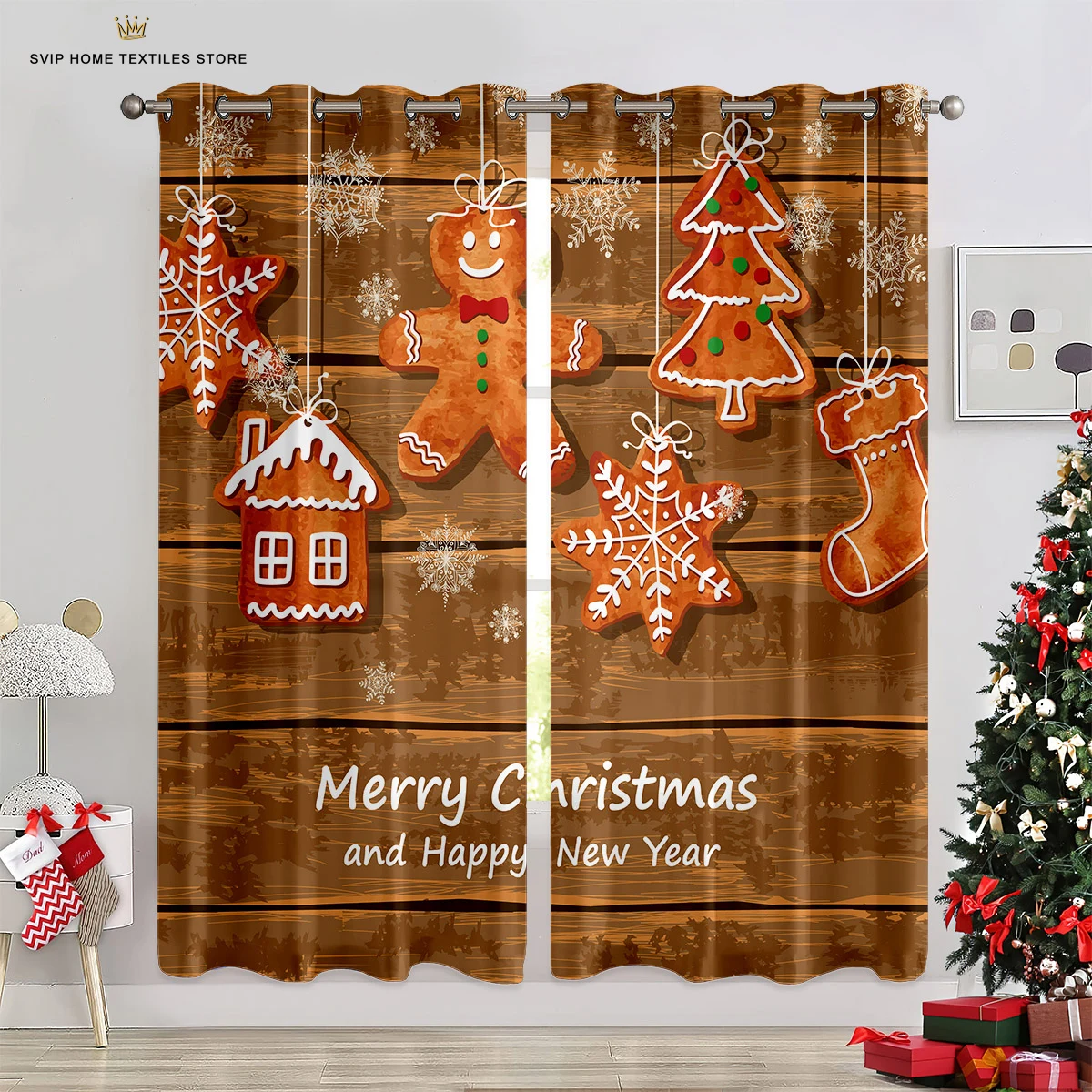 Christmas Wood Snowflake Print Curtains, Dog Print, Bedroom, Living Room, Dining Room, Holiday, Decorative, 2 Pcs